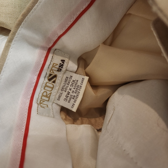 TRUST USA 55% Linen Blend Pleated Lined Front Cuffed Pants Beige Men Size 34x30 - Picture 3 of 3